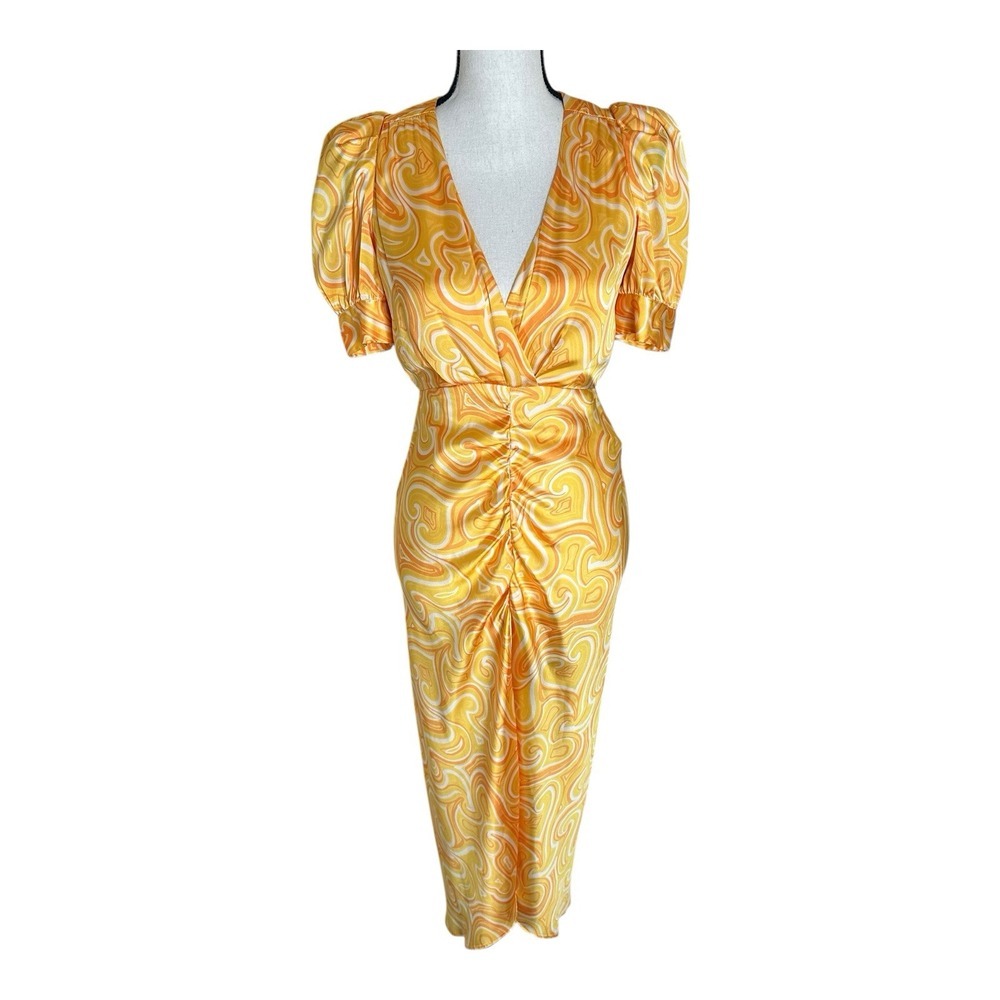 Ronny Kobo Dress Size 0 Yellow Print Women Open Back Ruched Puff Sleeve